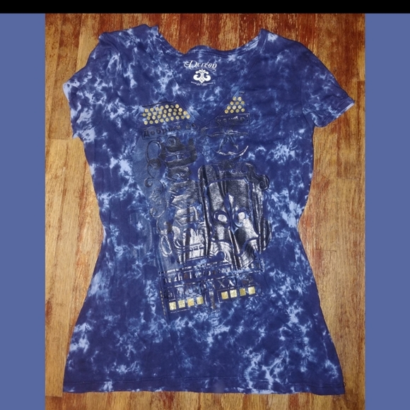 🔥Dereon Jeans Beyonce tie dye acid wash blue gold fitted shirt - Picture 5 of 5